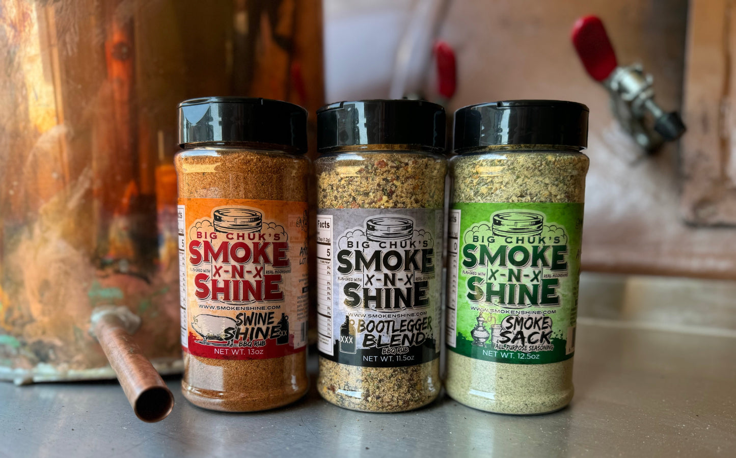 Smoke N Shine Trio. Smoke Sack, Swine Shine, and Bootlegger Blend